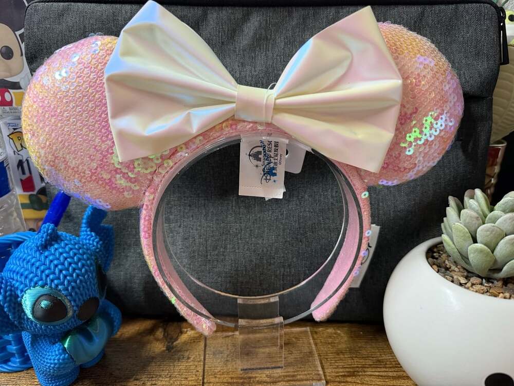 NWT Disney Sequins Ear Headband with Pastel Pink Sequins and White Bow